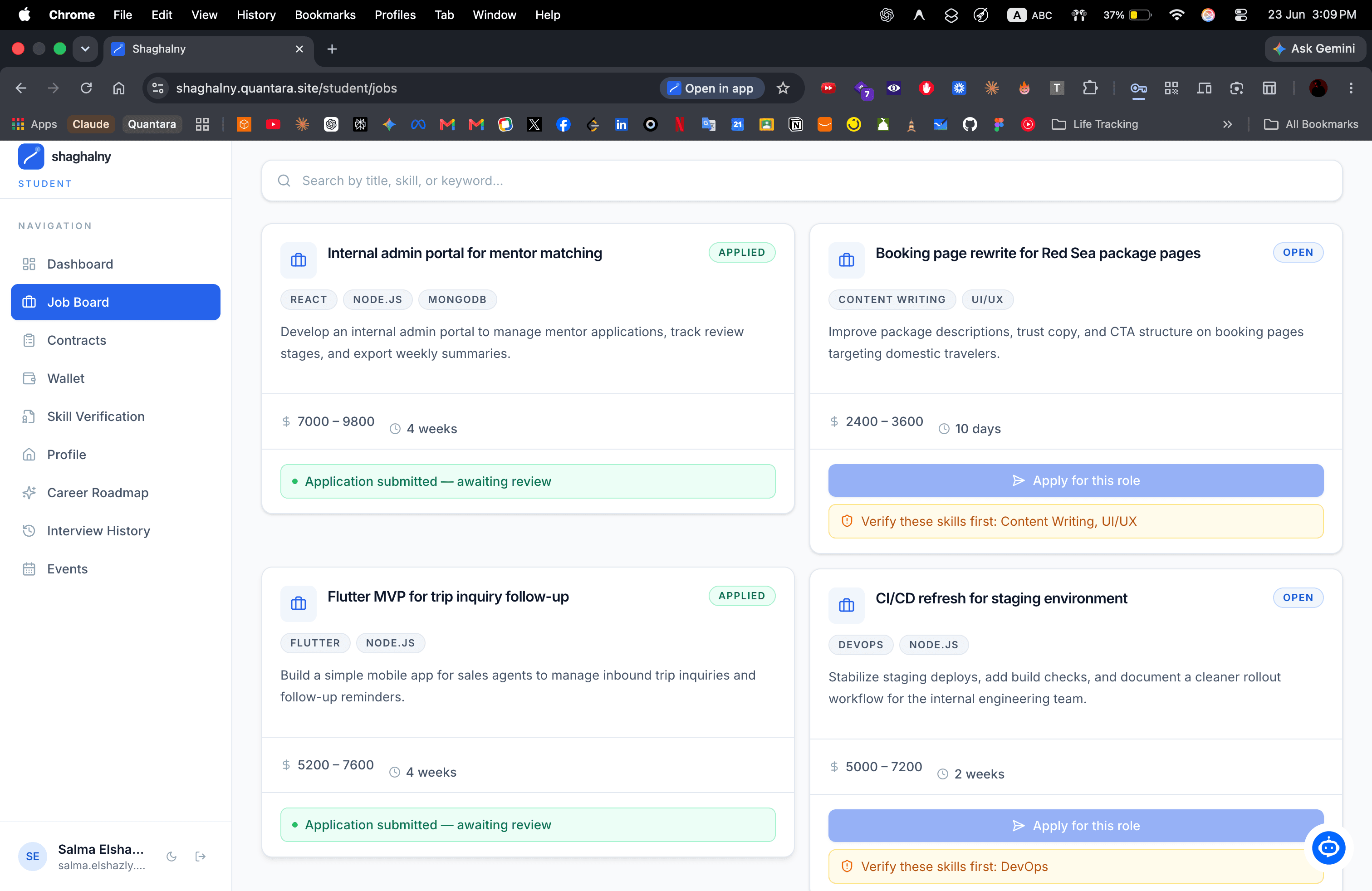 Shaghalny student job board interface